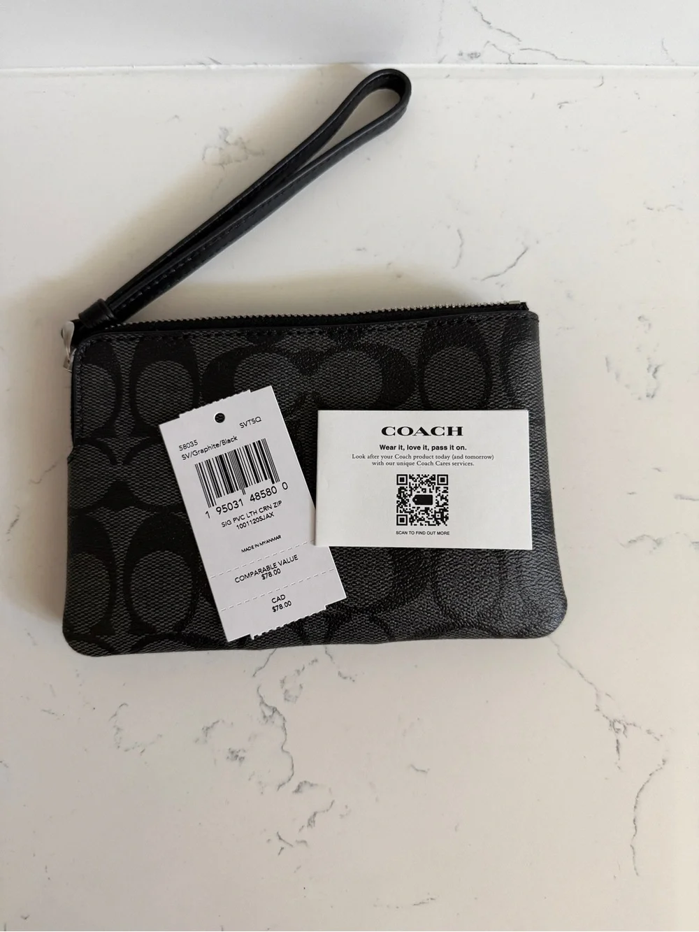Coach Black Signature Wristlet with Leather Strap in Graphite and Black